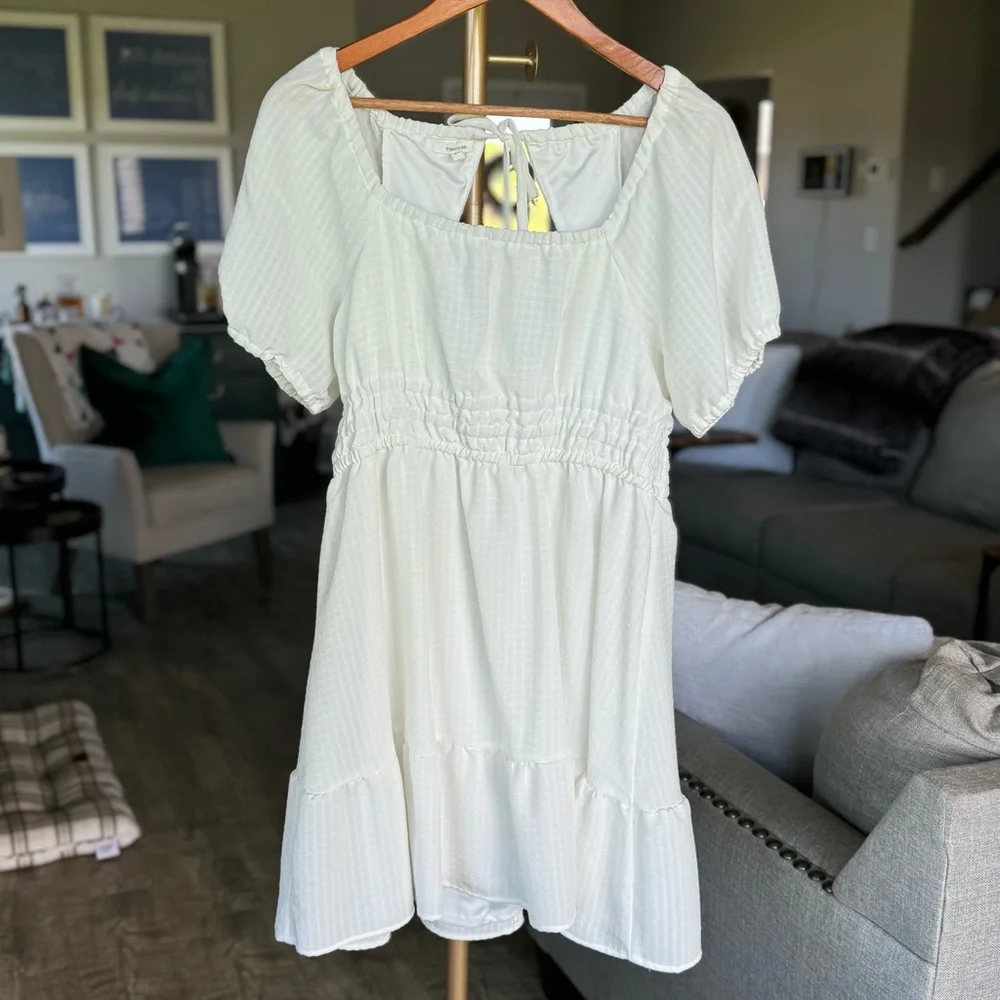 Maurices White Back Keyhole Puff Sleeve Mini Dress with Smocked Waist - Large - Picture 1 of 9